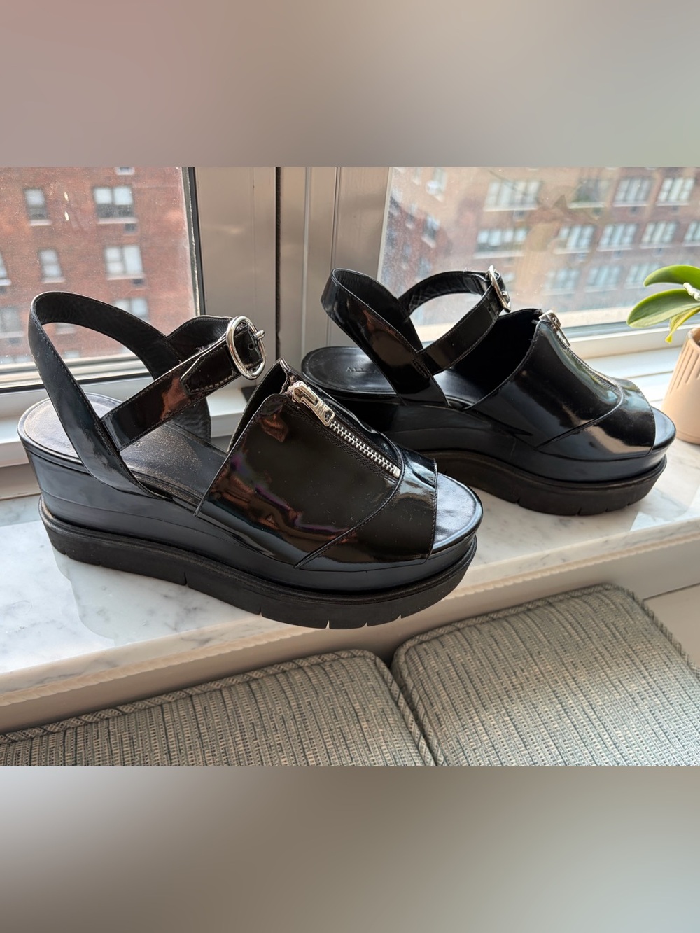 AllSaints Gino Black Patent leather Platform Sandals with Ankle Buckle